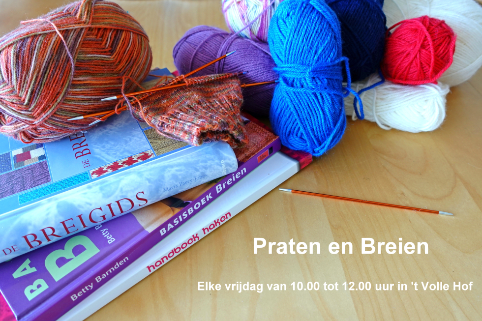 Flyer van de activiteit met wat breigidsen en bollen wol met een uitnodigingstekst en het adres 