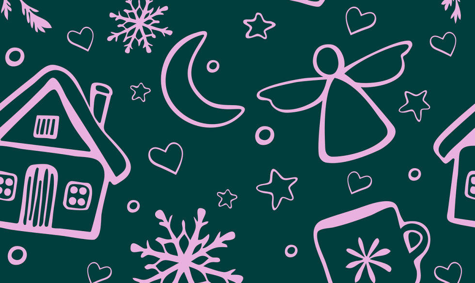 Een illustratie van allerlei dingen die met kerst te maken hebben (engel, sterren, sneeuw)