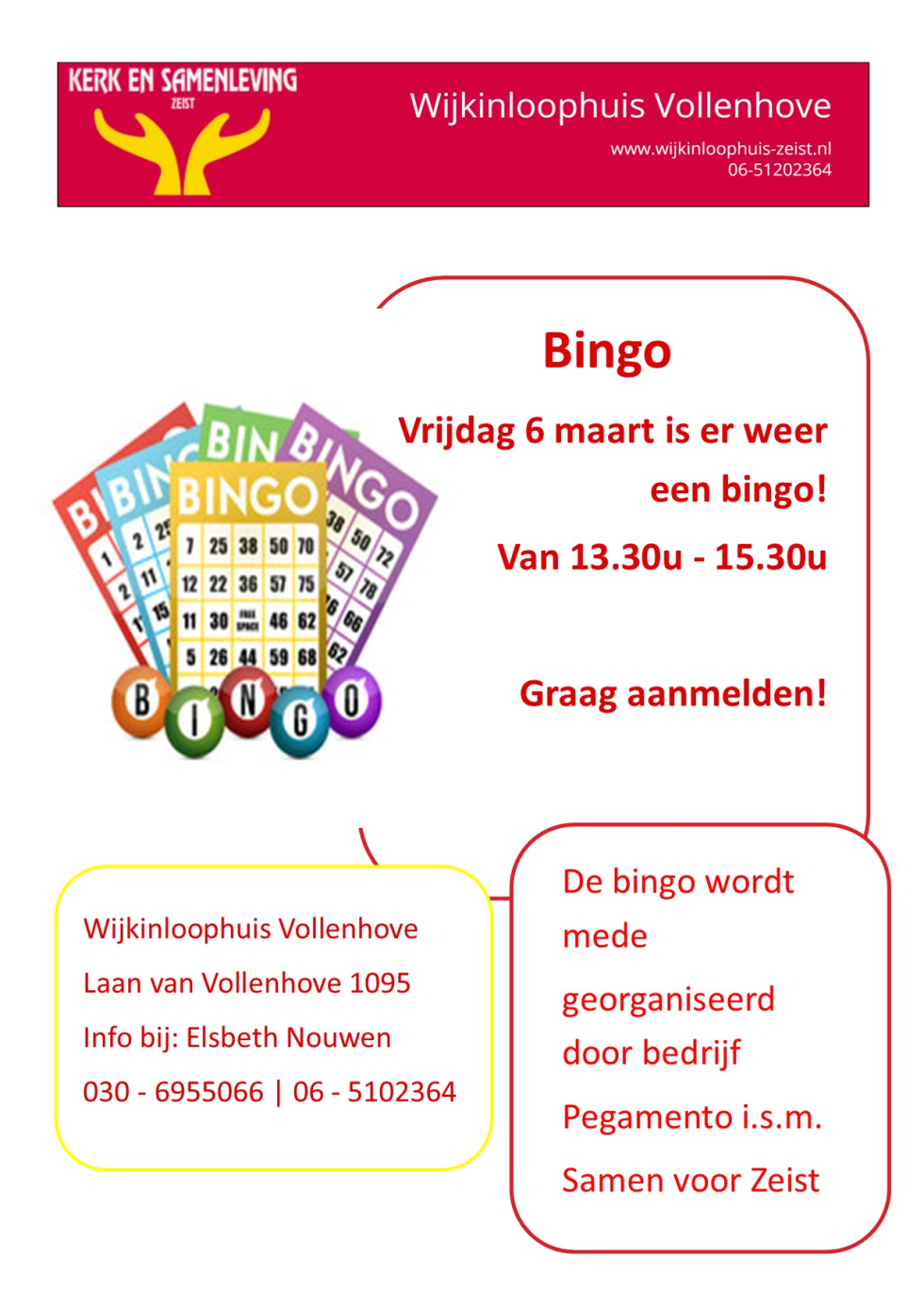 Flyer van de bingo in het Wijkinloophuis