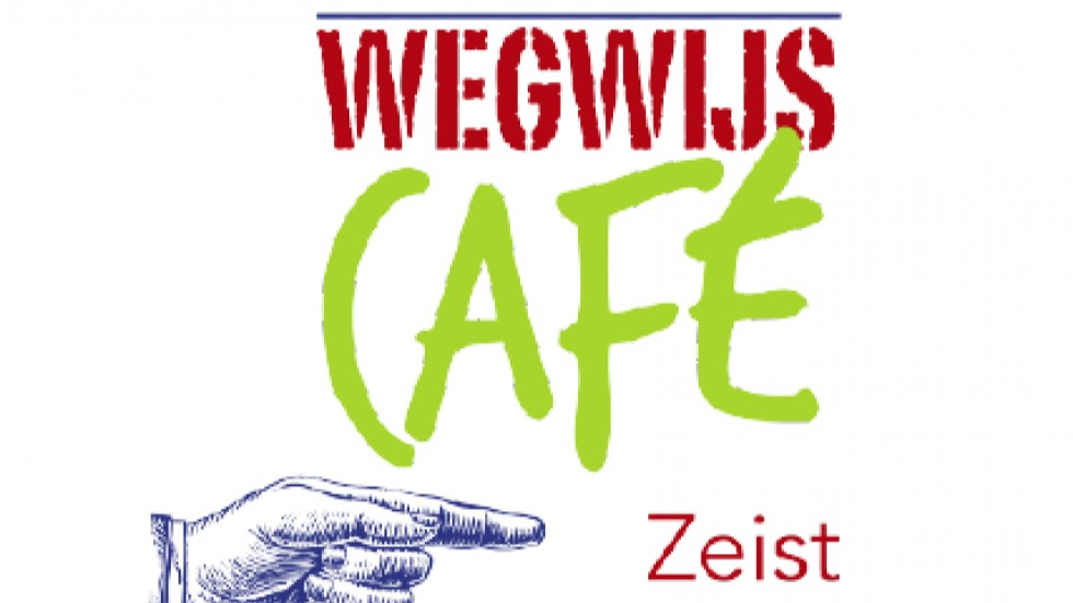 Logo van het WegWijsCafé Zeist met een illustratie van een hand en de tekst Wegwijscafe in groen en rood