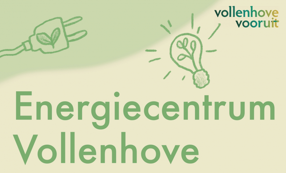 Lichtgroene illustratie met een stekker en een lampje en de tekst Energiecentrum Vollenhove