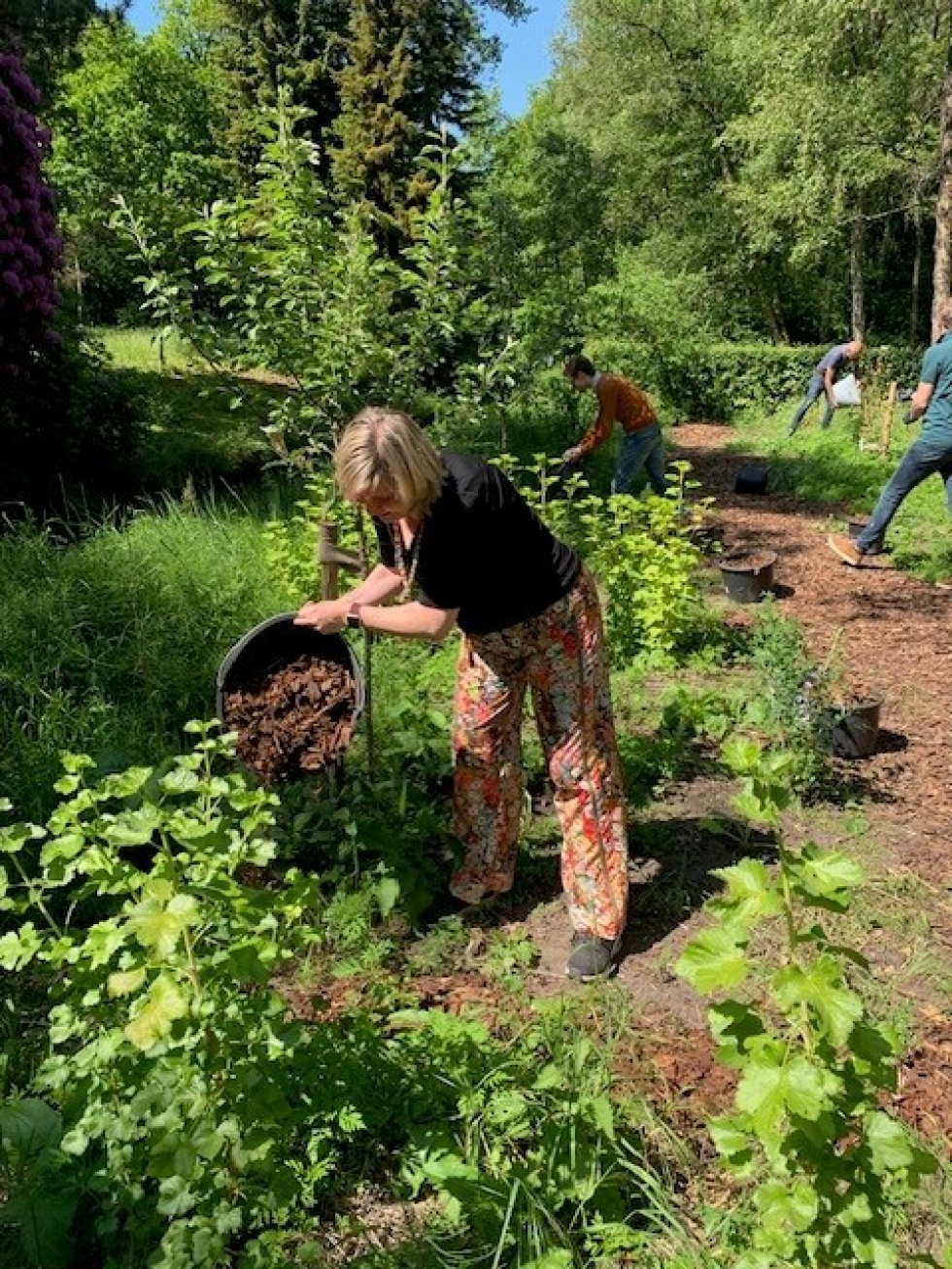 Wethouder Laura Hoogstraten aan het werk tijdens de opening van Voedselbosrand Vollenhove