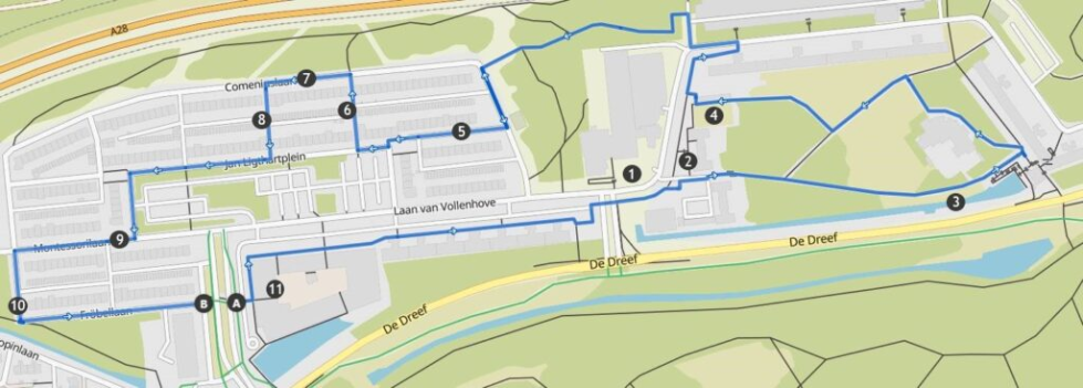 Plattegrond van Vollenhove met daarom de route van de Duurzame Wandeling