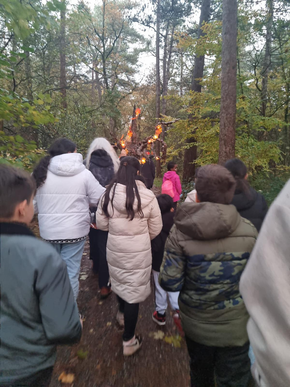 Een foto van de kinderen van de achterkant terwijl ze de optocht lopen door Bospark Vollenhove