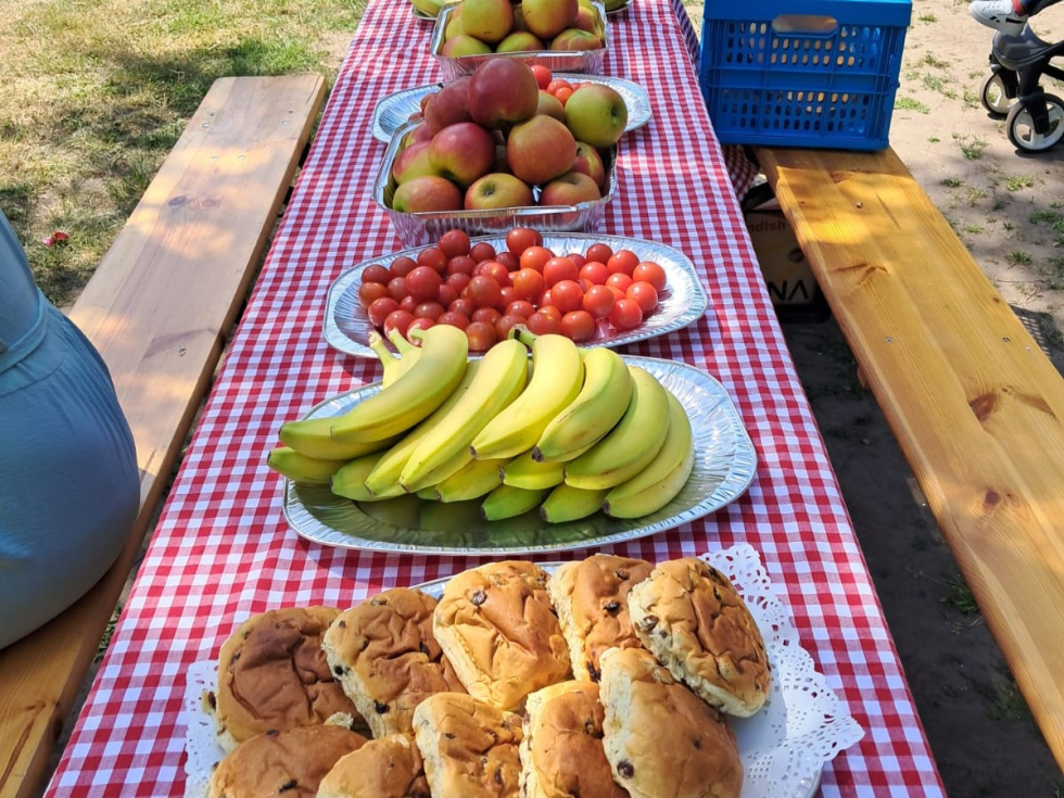 Picknicktafel gedekt met gezonde snacks