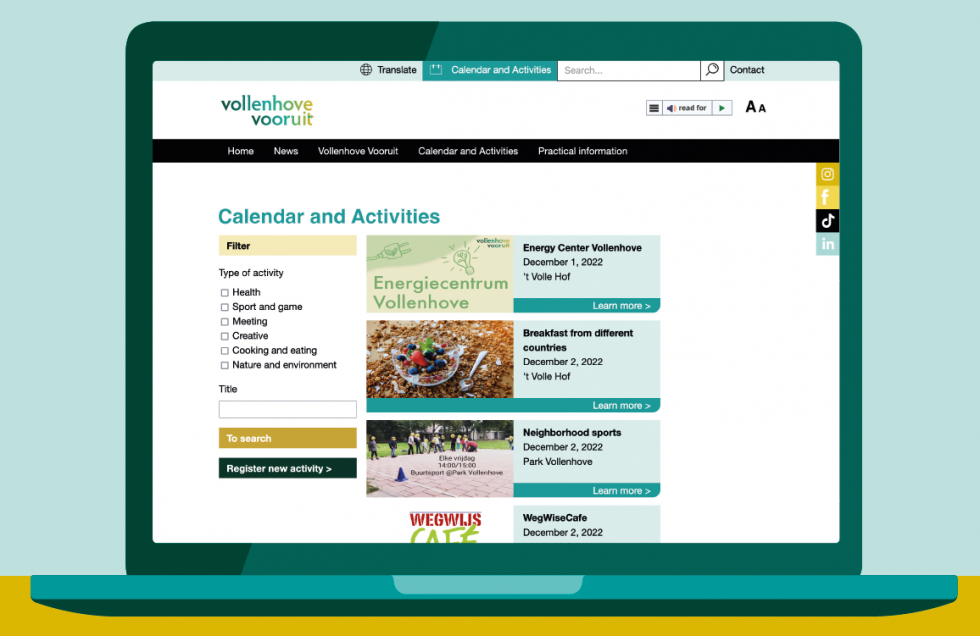 Een geïllustreerd laptopscherm waarop de pagina met de activiteitenkalender te zien is. De illustratie is in de huisstijlkleuren van Vollenhove Vooruit: geel en turquoise. 