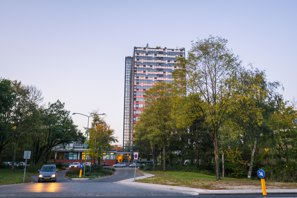 Omgeving Vollenhove vanaf de Dreef (autoweg) met op de achtergrond de Torenflat