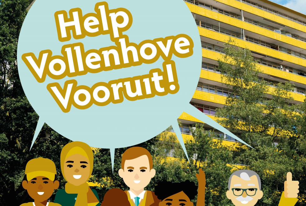 Flyer over het Vollenhove Advies Team. Op de flyer is de L-flat te zien en op de voorgrond staan geïllustreerde bewoners met verschillende huidskleuren. Ze praten via een tekstwolk waarop 'Help Vollenhove Vooruit!' staat.