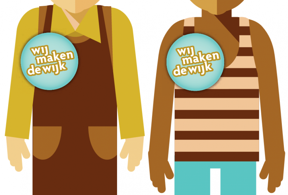 Twee geïllustreerde bovenlichamen van personen met een sticker/button op hun kleding met de tekst ''Wij maken de wijk''