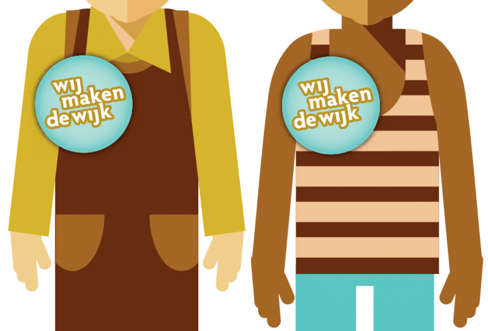 twee bovenlichamen met een sticker met de tekst ''Wij maken de wijk''