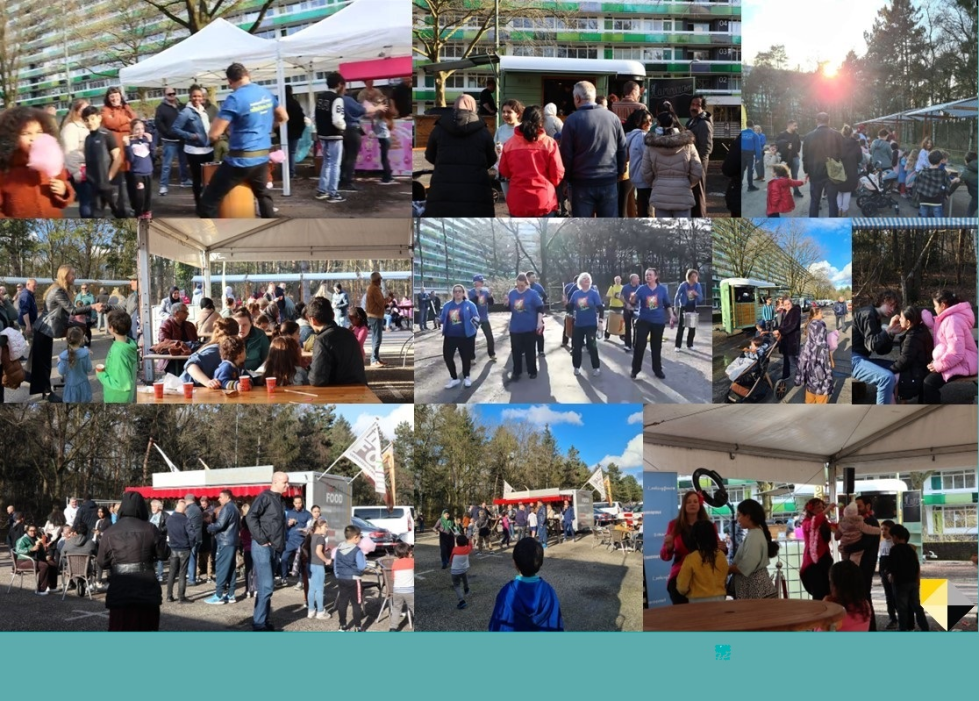 Collage met foto's van het eindfeest voor de renovatie van de L-flat