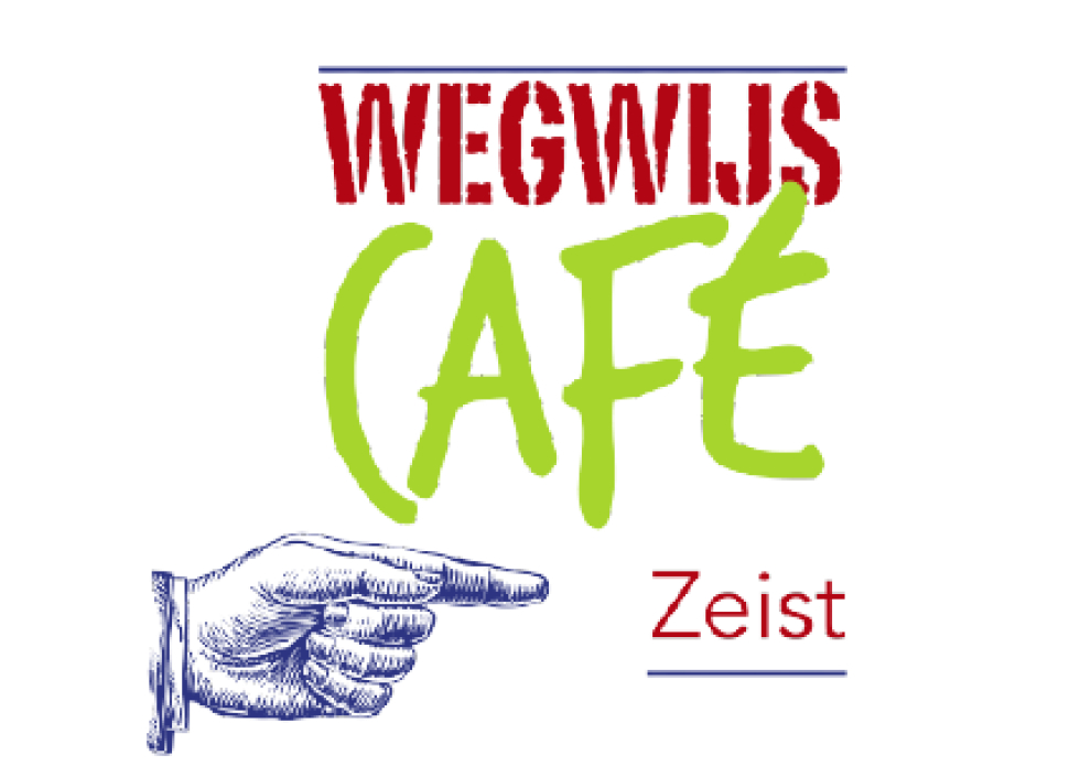 Het logo van het wegwijscafé, met een vinger die wijst. Het logo bevat de tekst: Wegwijscafé Zeist. In groen met rode letters.