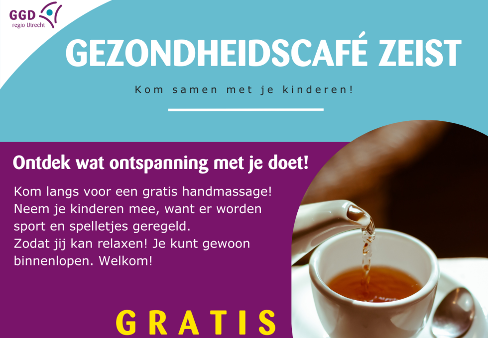 Deel van de flyer van de ontspanmiddag bij het Gezondheidscafé met Nederlands en Arabische teksten 'Ontdek wat ontspanning met je doet'