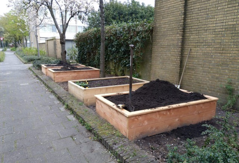 Drie houten moestuinbakken gevuld met aarde