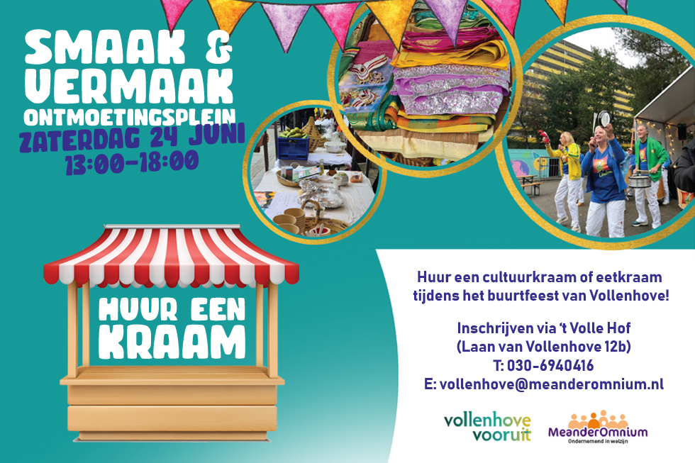 Flyer voor het huren van een kraam op het Smaak & Vermaak buurtfeest. Met foto's van het buurfeest van vorig jaar en praktische informatie waar je een aanvraag kan doen voor het huren van een kraam.