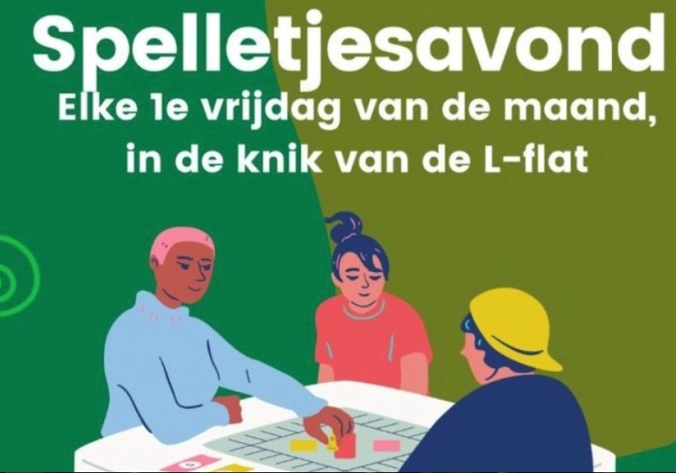 Flyer van de Spelletjesavond met illustratie van mensen die aan tafel spelletjes spelen. Op de flyer staat de tekst: Spelletjesavond, elke 1e vrijdag van de maand, in de knik van de L-flat.
