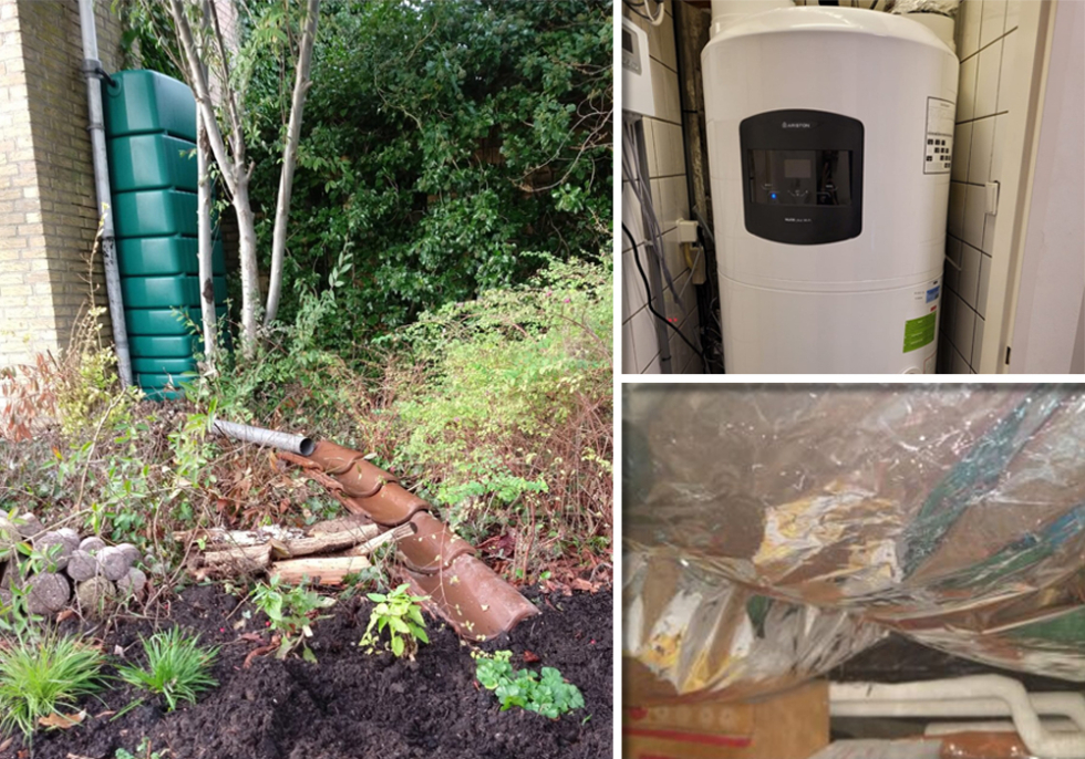 Foto's van drie duurzame initiatieven bij huizen in Vollenhove: een afgekoppelde regenpijp, een warmtepomp en isolatiemateriaal.