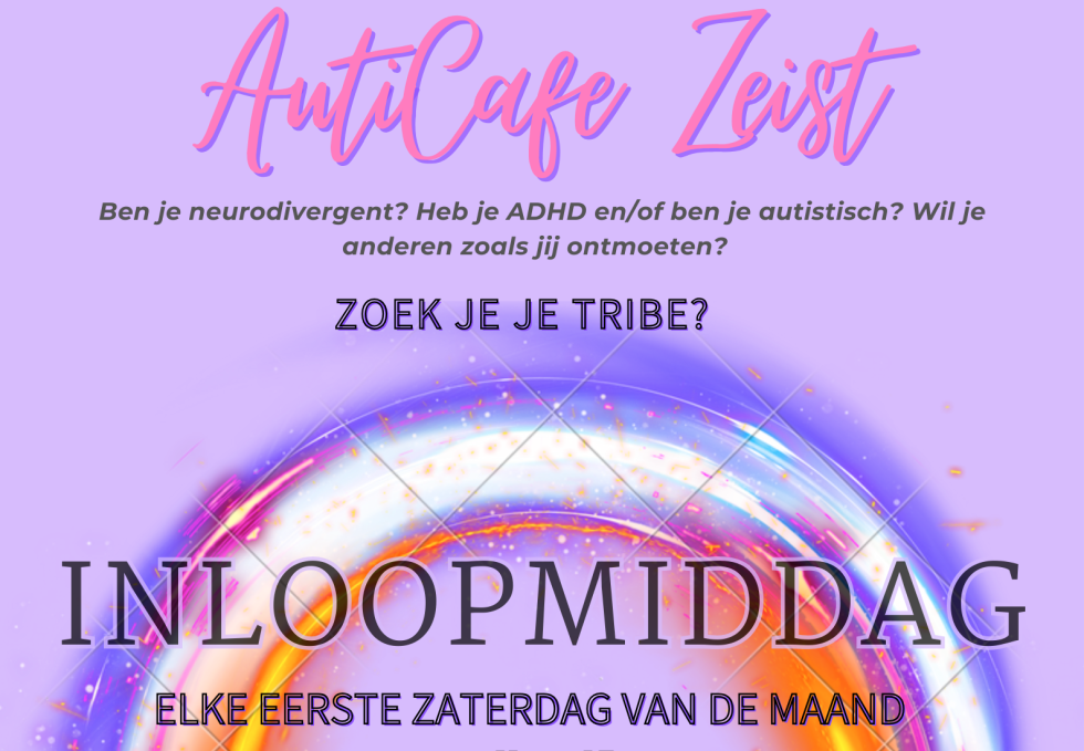 Paarse flyer van het Auticafé met de teksten: Ben je neurodivergent? Heb je ADHD en/of ben je autistisch? Wil je anderen zoals jij ontmoeten? Zoek je tribe? Kom naar de inloopmiddag elke eerste zaterdag van de maand. 