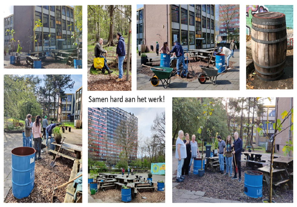 Collage met zeven foto's van de werkzaamheden aan het 't Ontmoetingsplein met de tekst 'Samen hard aan het werk'