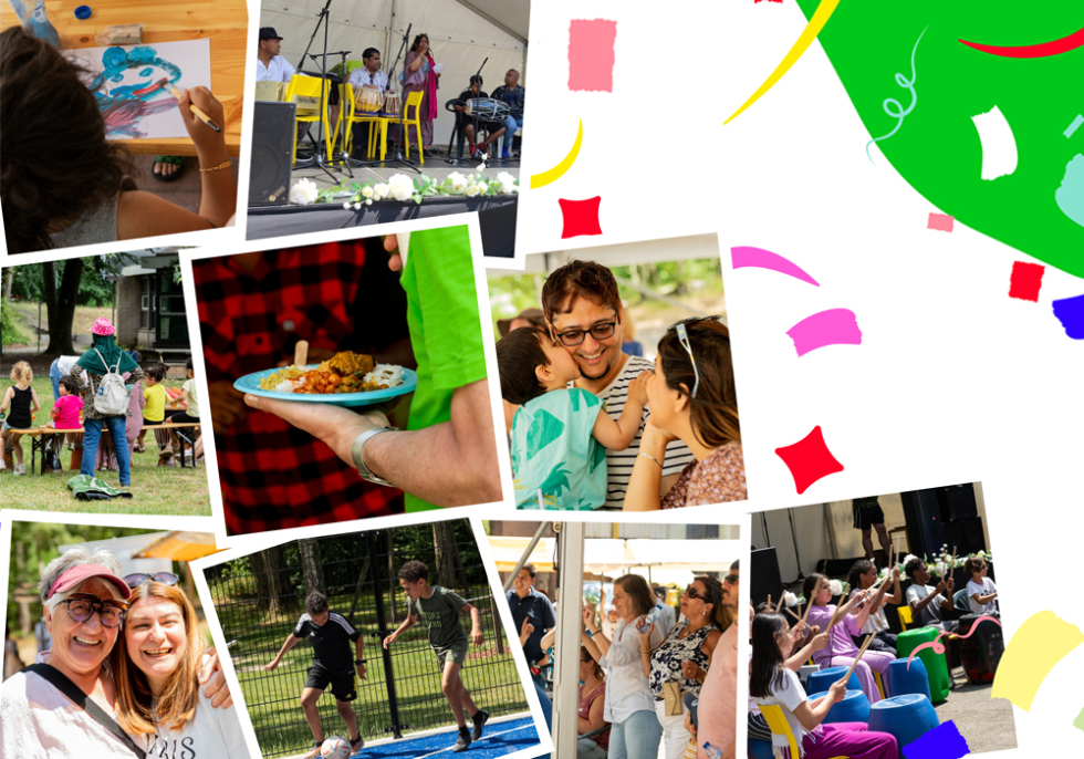 Een collage van negen foto's met confetti van het Vollenhove Buurtfeest van 2023, met activiteiten met kinderen, eten, blije mensen en muziekoptredens.