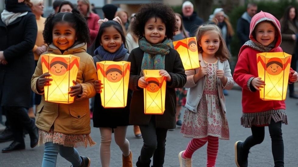 Kinderen lopen met lampionnen in een optocht
