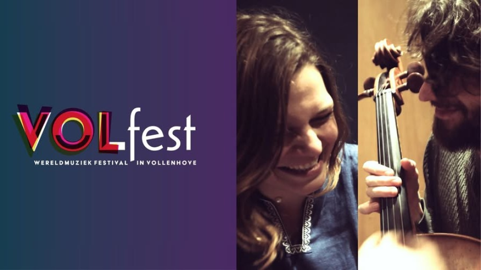 Het logo van VOLfest en een foto van twee zangers