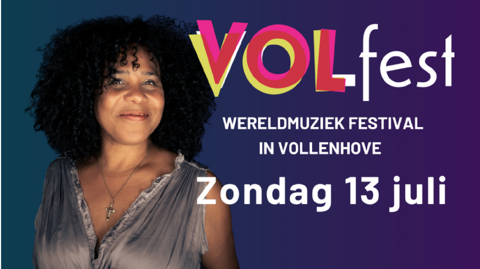 Poster met daarop een artiest die optreedt tijdens VOLfest. Met de tekst: VOLfest, wereldmuziek festival in Vollenhove, zondag 13 juli