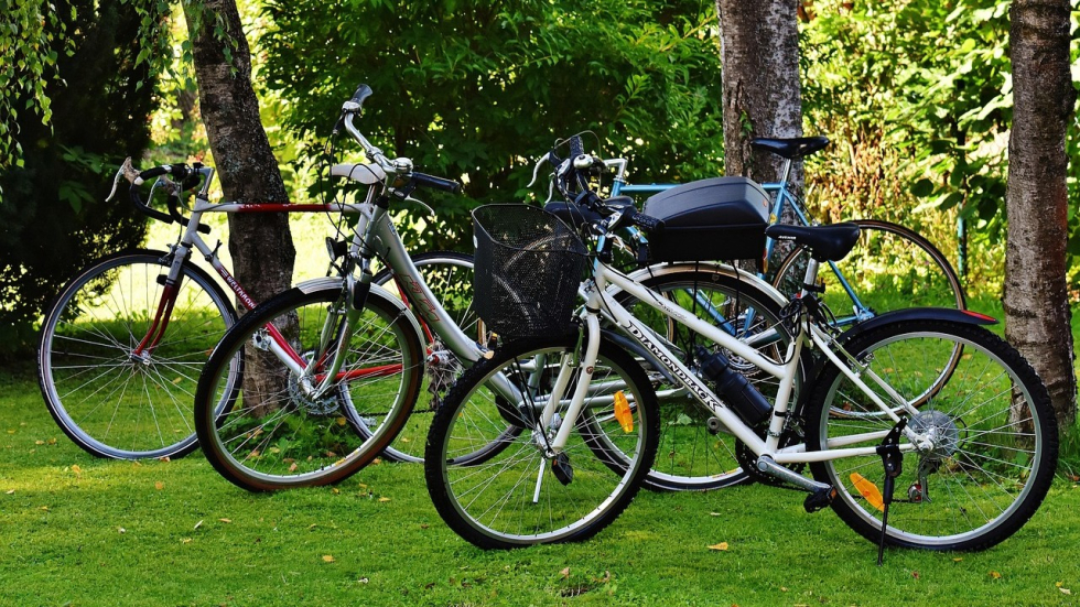 Foto van twee fietsen die geparkeerd staan op een grasveldje
