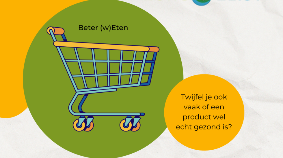 Promotieafbeelding voor de activiteit ‘Beter (w)Eten, Supermarktsafari’. Op de afbeelding staat een grote illustratie van een winkelwagen op een groene achtergrond. Rechts staat in een gele cirkel de tekst: ‘Twijfel je ook vaak of een product wel echt gezond is?’. Linksboven staat: ‘Gratis voor inwoners uit de gemeente Zeist’. Rechtsboven staat het logo van Zorg4Zeist. De afbeelding gaat over gezonde voedingskeuzes en boodschappen doen.