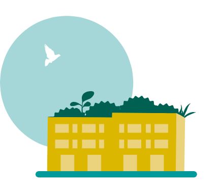 Icoon voor Vollenhove laag (Pedagogenbuurt) met een laagbouw flat met groendak en daarachter de ondergaande zon