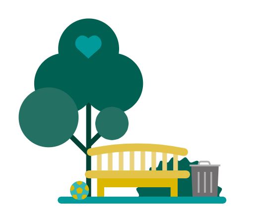 Icoon voor Park en Groen met een deel van een park met een boom, bankje, voetval en prullenbak