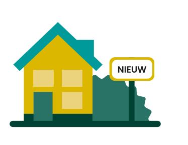 Icoon voor wonen met een huisje en een bord waar 'nieuw' opstaat